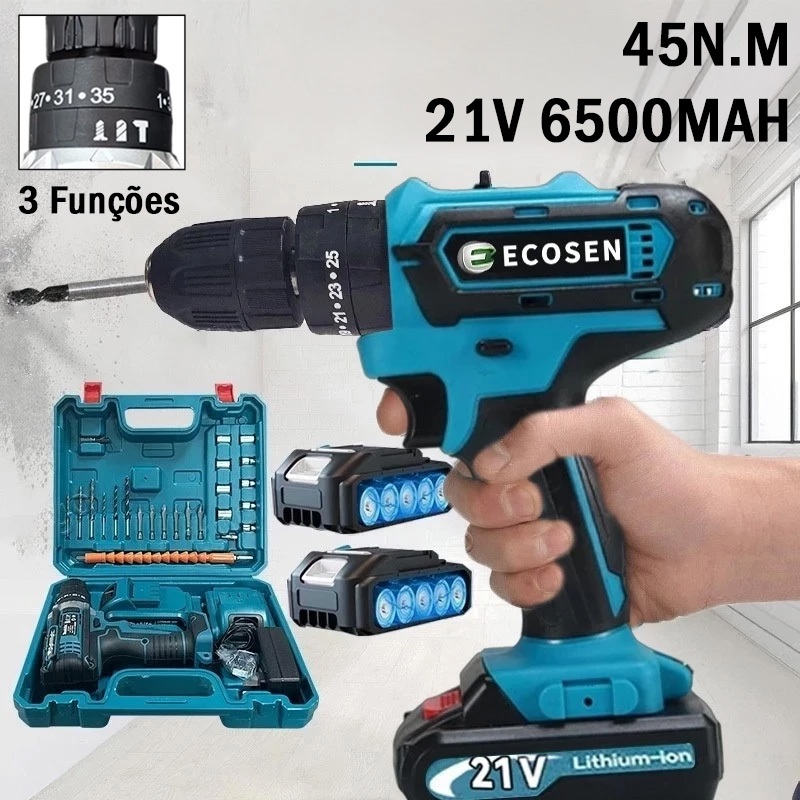 Furadeira Parafusadeira 3/8" bateria 21V com maleta e acessórios/ECOSEN Furadeira elétrica premium em Oferta na Shopee