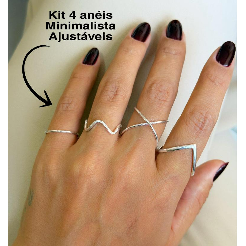 Anel Prata 925 Ajustáveis Minimalista Boca de Tubarão Ondulado X Fio Liso Regulável em Oferta na Shopee