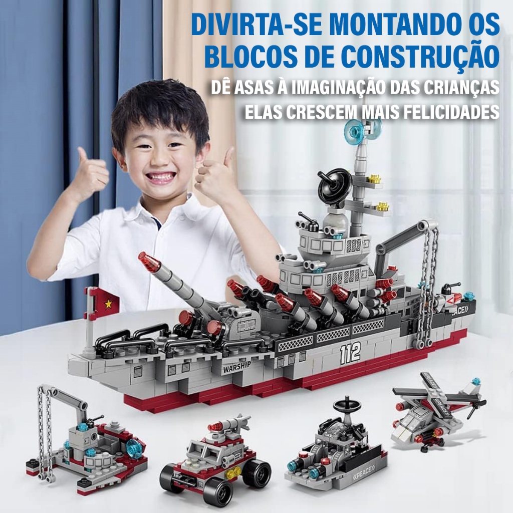 Brinquedo de construção 8 em 1 com navio de guerra de fundo vermelho 554 peças