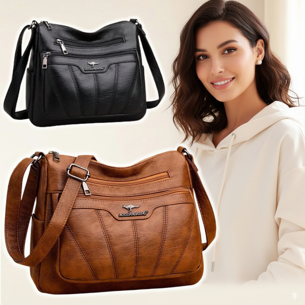Bolsa Feminina Ombro e Transversal Couro PU, Grande Capacidade com Zíper e Alça Ajustável