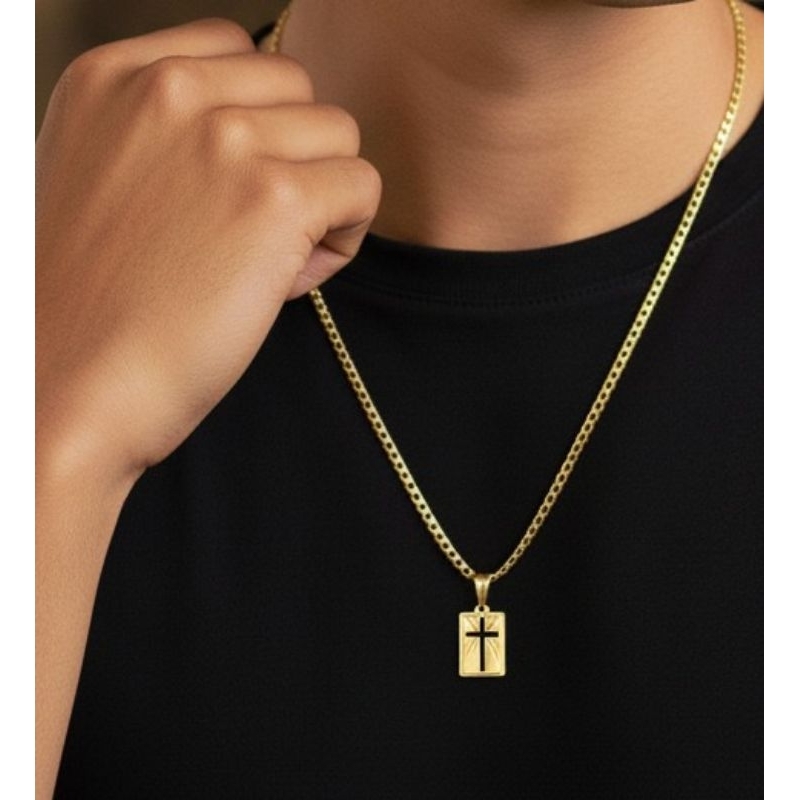 Corrente Cordão Masculino Aço Banhado a Ouro com Pingente Religioso Cordão Masculino Gourmet