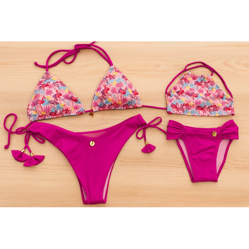kit Biquini mãe e filha,estampa flamingo rosa