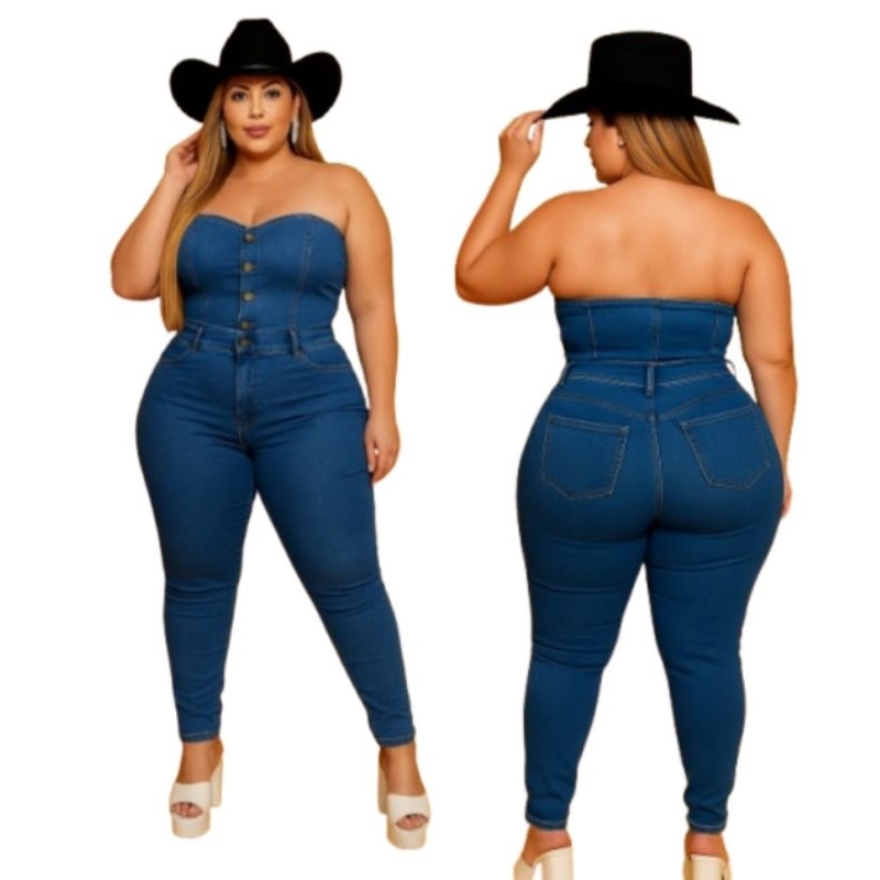 Macacão Tomara que Caia Jeans Feminino com lycra Empina Bumbum com lycra Moda Blogueira Plus size 48 ao 56