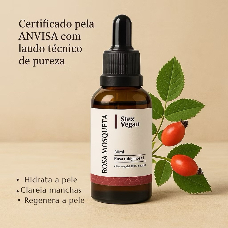 Óleo de Rosa Mosqueta Rubiginosa 100% Puro Stex Vegan 30mL - Extração a Frio do Chile em Oferta na Shopee