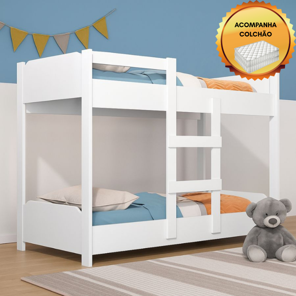 Beliche Infantil Reforçada com Escada e Grade Proteção Lateral 100% MDF Incluso 2 Dois Colchões em Oferta na Shopee