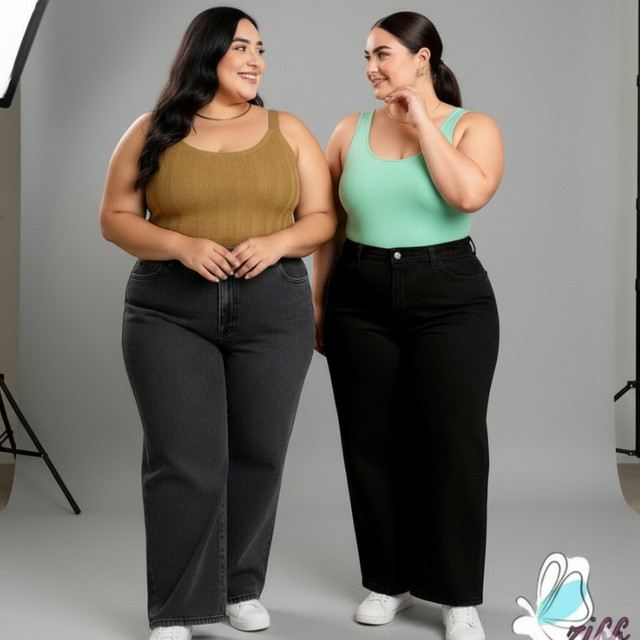 KIT 2 CALÇAS JEANS WIDE LEG PLUS SIZE FEMININA 46 AO 54 CINTURA ALTA CONFORTÁVEL ALTA QUALIDADE