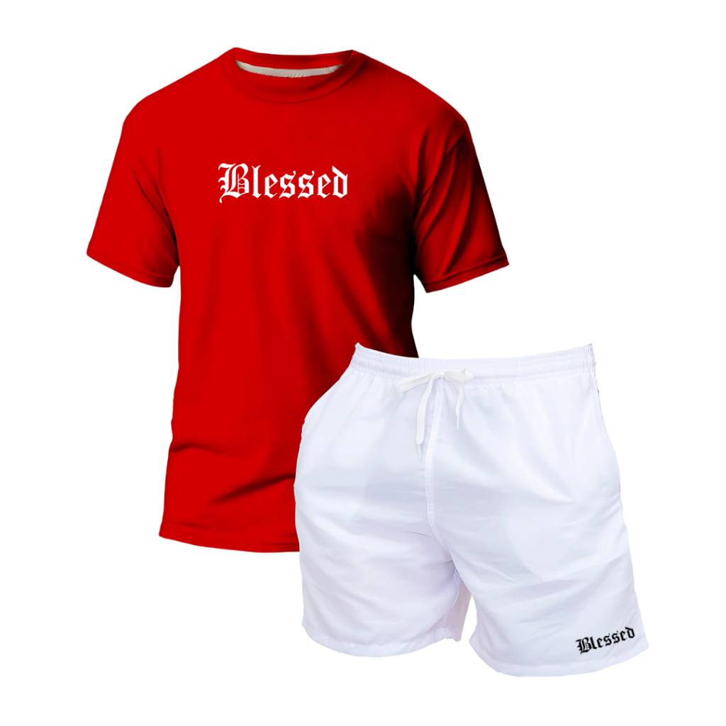 Kit Camiseta Oversize Estampa Unissex Streetwear + Short Tactel Praia Piscina Masculino Blessed