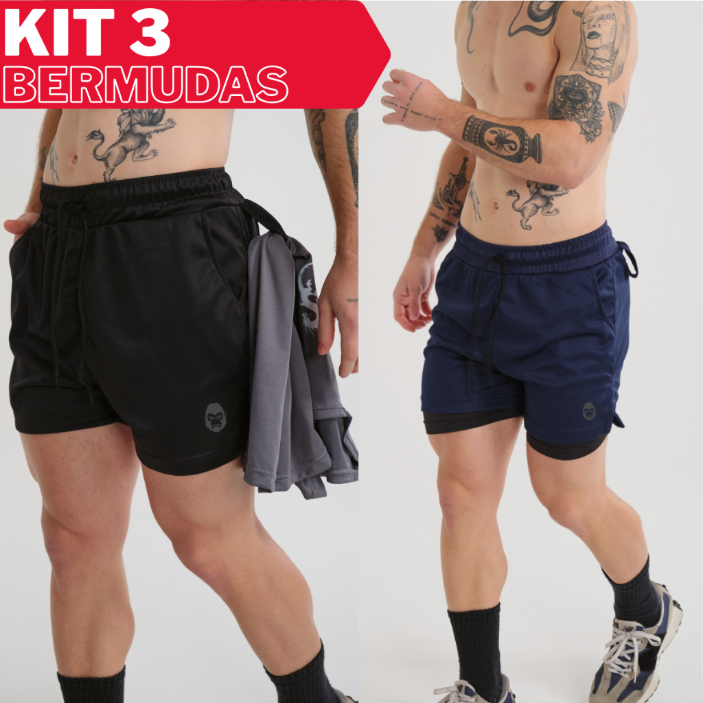 Kit 3 Shorts masculino 2 em 1 KONG Para Treino