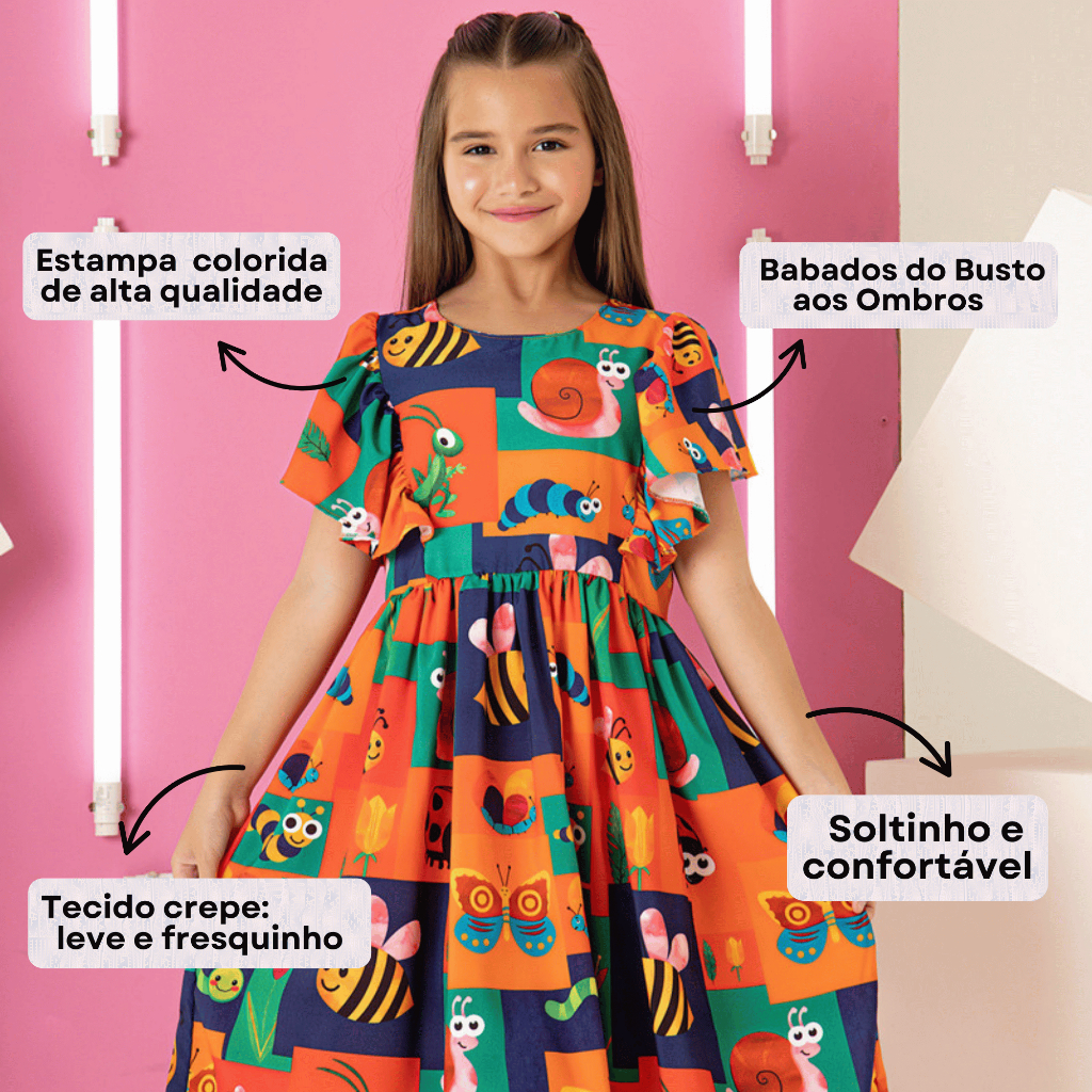 Vestido Infantil Menina Soltinho Juvenil Festa Roupa Criança Feminino Estampado Babado Blogueirinha