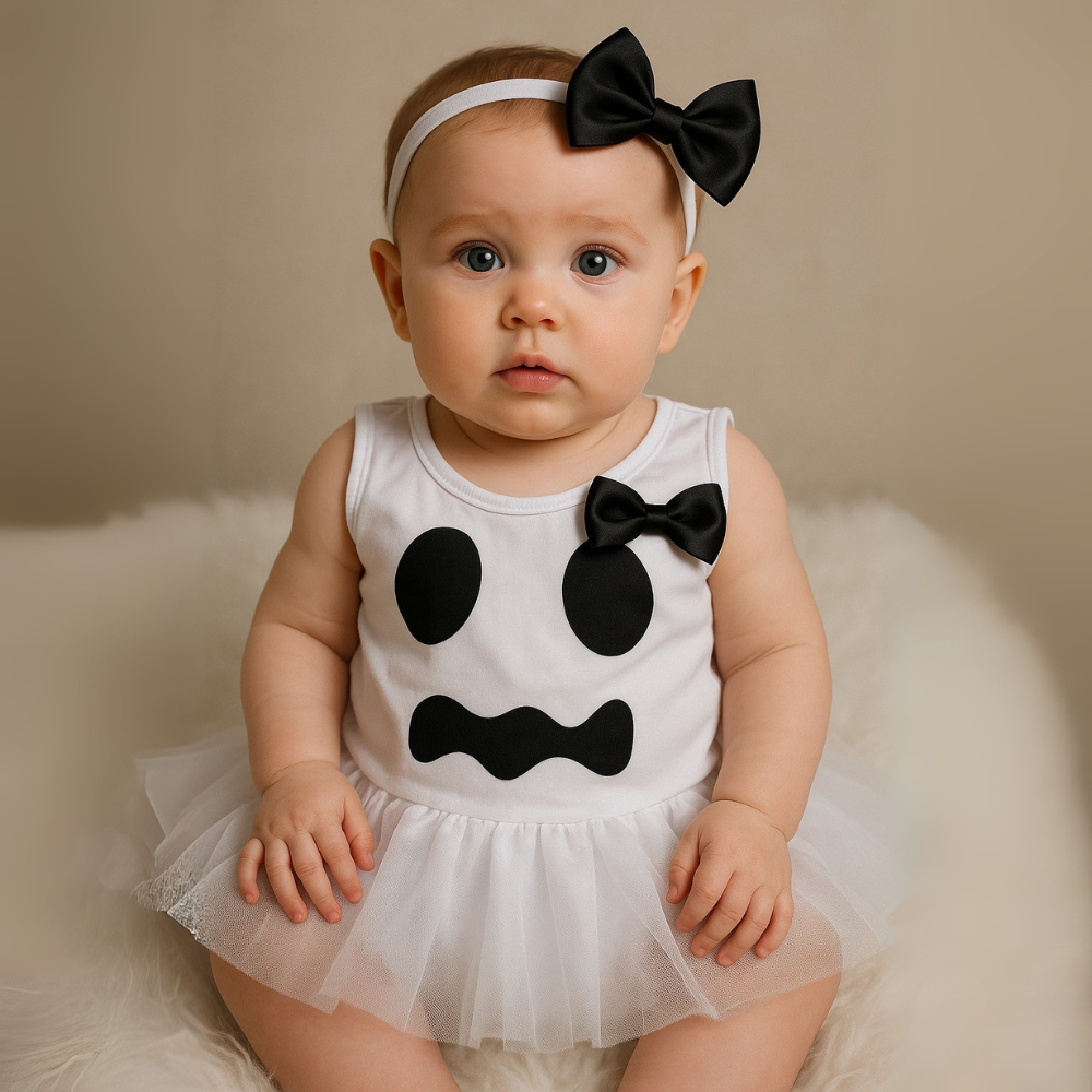 Fantasia de Fantasminha para Bebê Halloween com Saia Tule e Faixa Laço