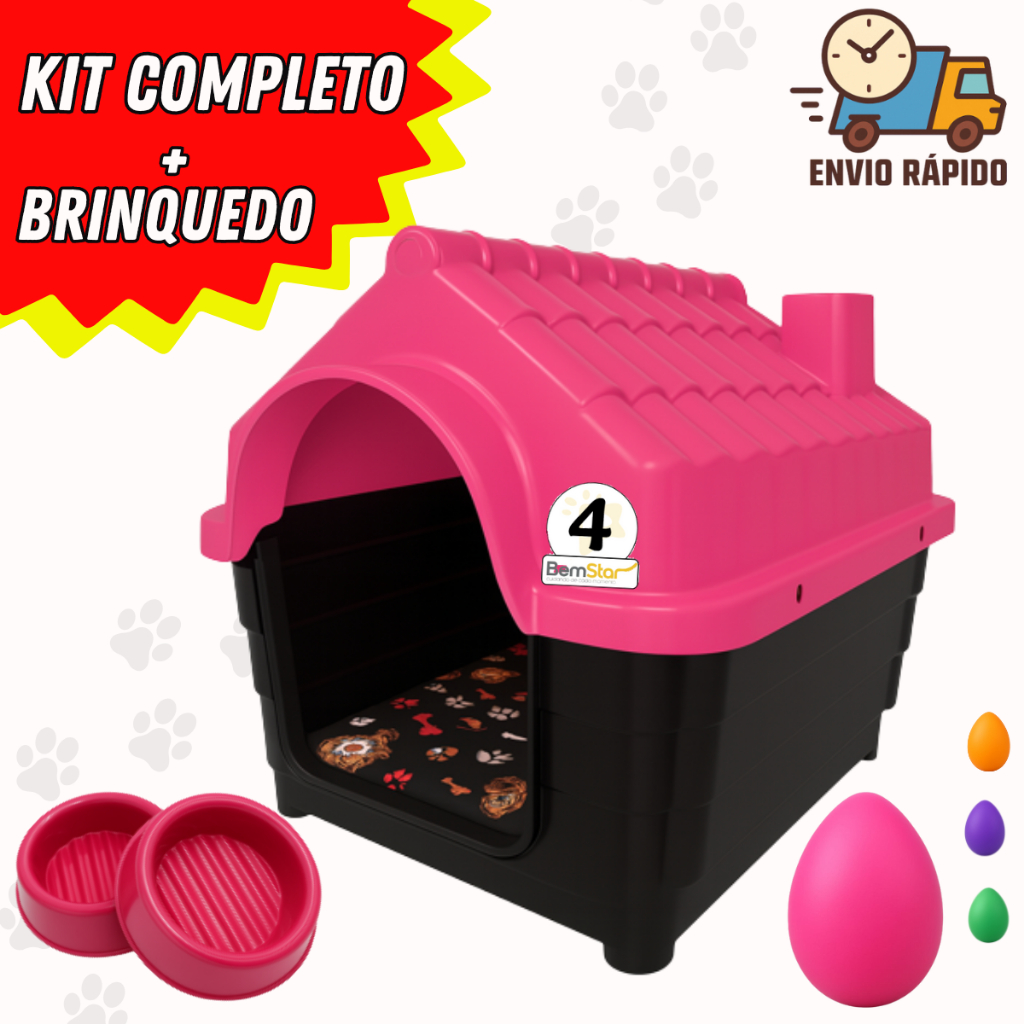 KIT Casinha+ Colchonete+ 2 Comedouros+ Brinquedo ovo maluco Cachorro Filhote Pequeno N4 Casa Pet