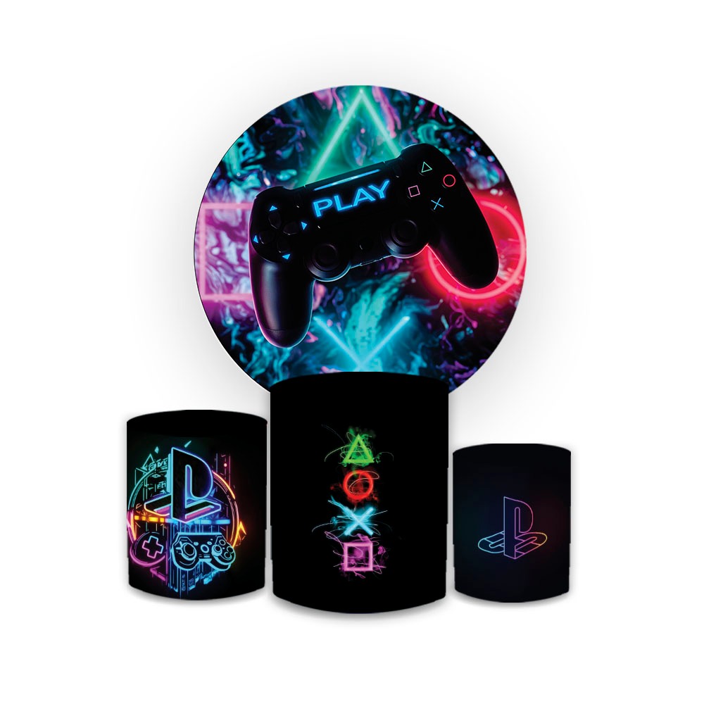 Kit Capas Painel Sublimado Tema Gamer Festa de Aniversário + Trio de Capas de Cilindros