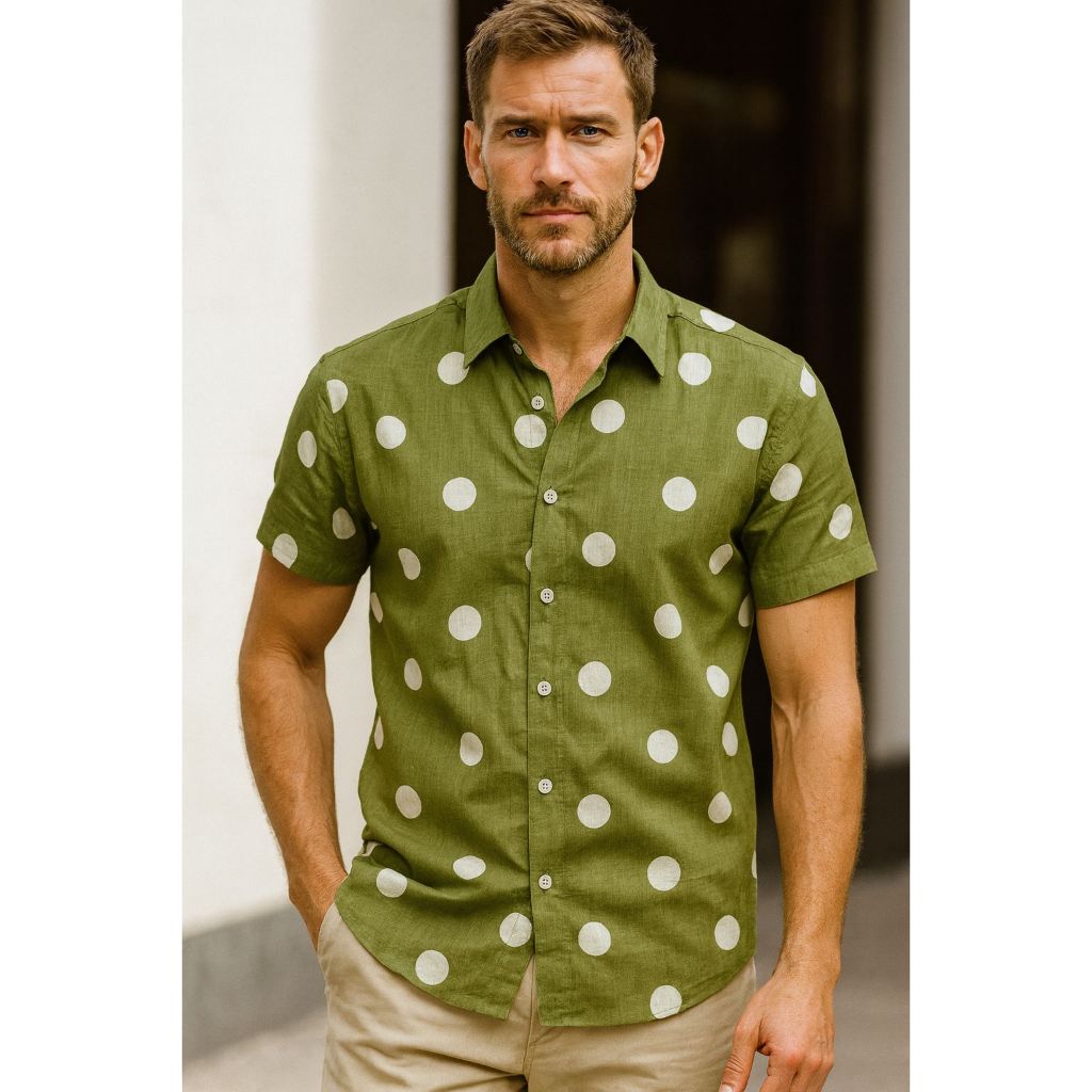Camisa Masculina Slim Curta Social Estampada Bolinha em Oferta na Shopee