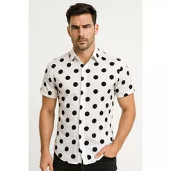 Camisa Masculina Slim Curta Social Estampada Bolinha