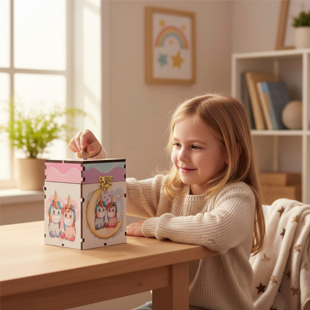 Urna Cofre Infantil Com Fecho Para Cadeado Decoração Unicórnios
