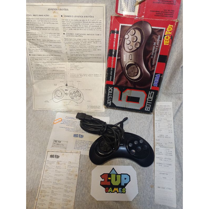 joystick controle de 6 botões mega drive.na caixa com os papéis e nota fiscal da época (1995)