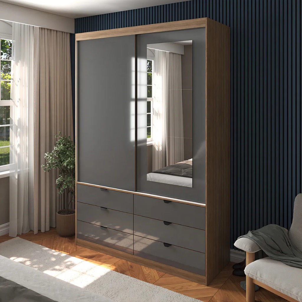 Guarda-Roupa de Solteiro Moderno com Espelho 2 Portas de Correr 6 Gavetas MDF em Oferta na Shopee