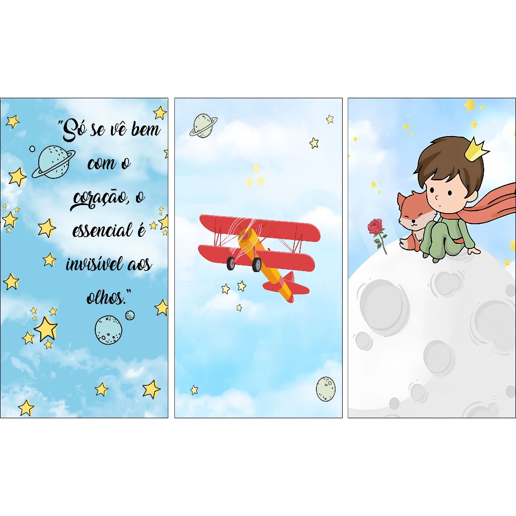 KIT DE PAINEIS DE FESTA PEQUENO PRÍNCIPE TRIO, ROMANO 2X1 COM ELÁSTICO OU VERTICAL 2X1 SEM ELÁSTICO
