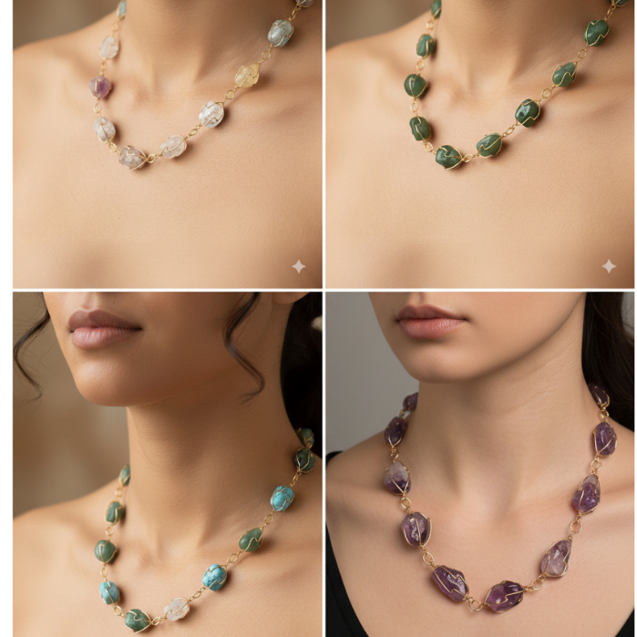 Colar Longo Cesto Banhado Pedra Natural Ametista Quartzo Rosa Cristal Citrino Gaiola Feminino