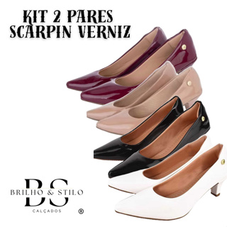 Kit Clássico 2 Sapato Scarpin Feminino Bico Fino Salto Fino Baixo Verniz Elegante Casual Social em Oferta na Shopee