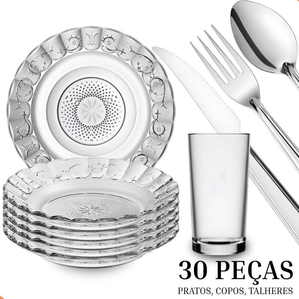 Aparelho de Jantar Vidro 30 Peças Pratos Fundos Estrela + Copos 225ml + Talheres Aço Inox Conjunto Completo Mesa Posta