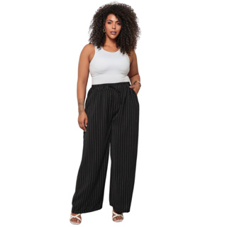 Calça Feminina Plus Size Pantalona Risco de Giz de Amarrar Elegante em Oferta na Shopee