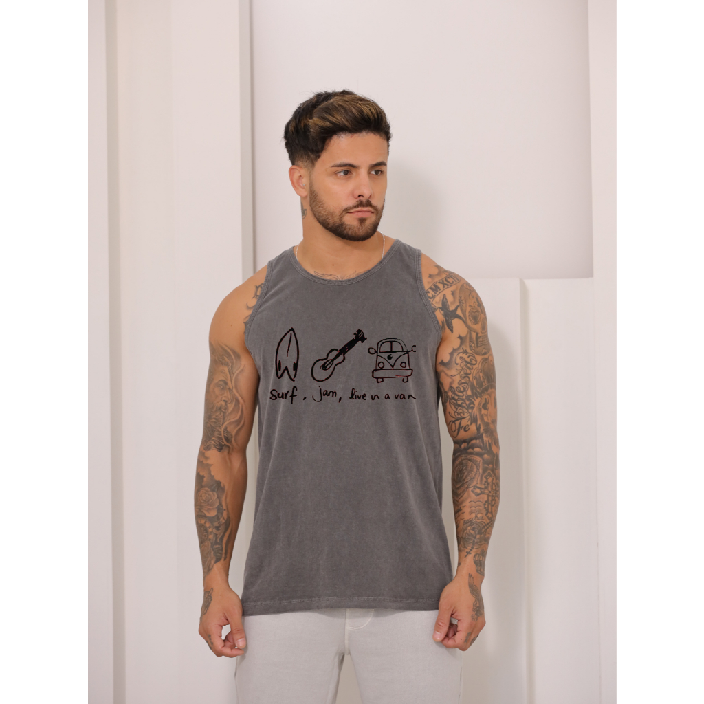 Regata cavada normal estampada masculina estonada verão com costura malha lavada surf