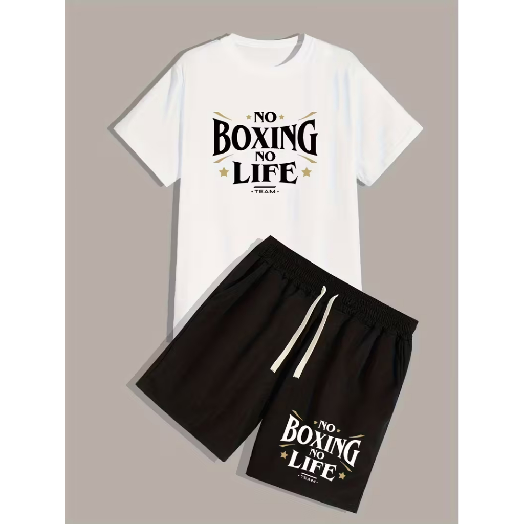 Kit Masculino De Boxe Camiseta De Algodão + Bermuda Tectel Com Estampa No Boxing No Life