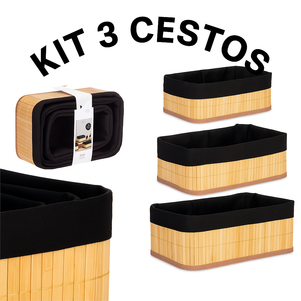 Kit 3 Cestos Organizador De Bambu Multiuso Com Forro Decorativo Banheiro Casa Preto e Branco em Oferta na Shopee