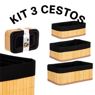 Kit 3 Cestos P,M,G Organizador de Bambu Multiuso com Forro decorativo Banheiro Casa