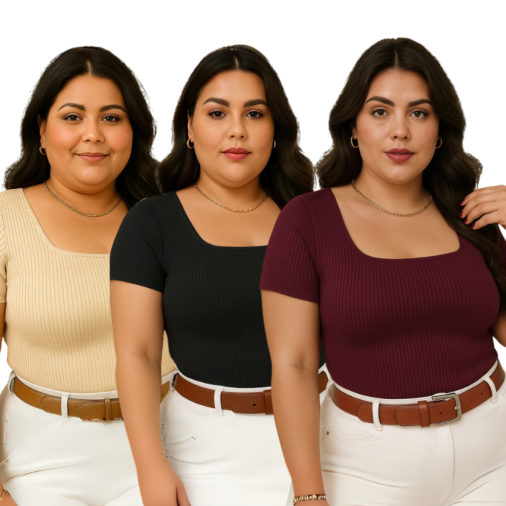 Kit 3 Blusas Feminina Plus Size Canelada Faculdade Blusinhas Decote U Trabalho Manga Curta Básica em Oferta na Shopee