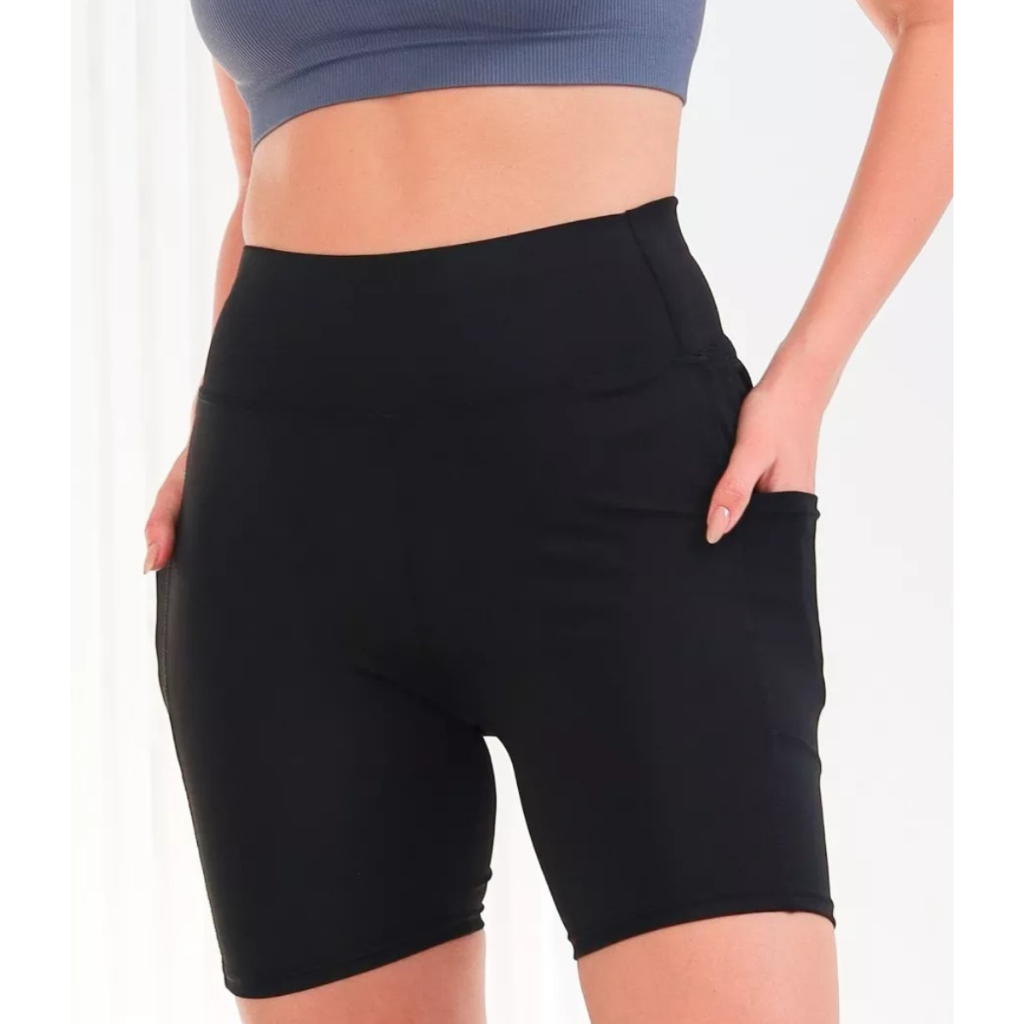 Short Feminino Ginástica Suplex Academia Fitness Cós Alto Modelador com Bolsos Laterais