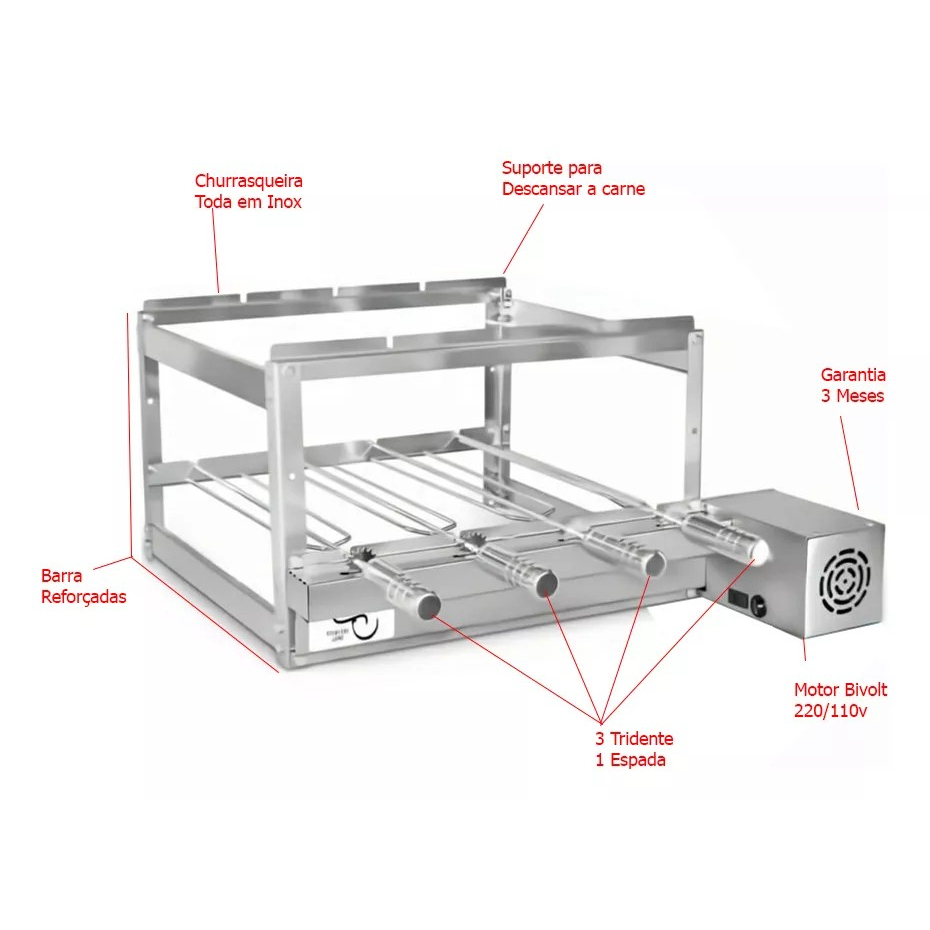 Churrasqueira gira grill giratoria 4 espeto inox bivolte -b — imagem 2 de 2
