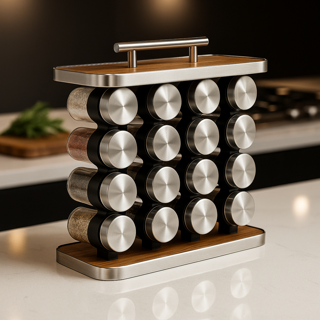 Porta Tempero Inox e Madeira 16 Potes Vidro Condimento Suporte Organizador Cozinha Bancada Gourmet