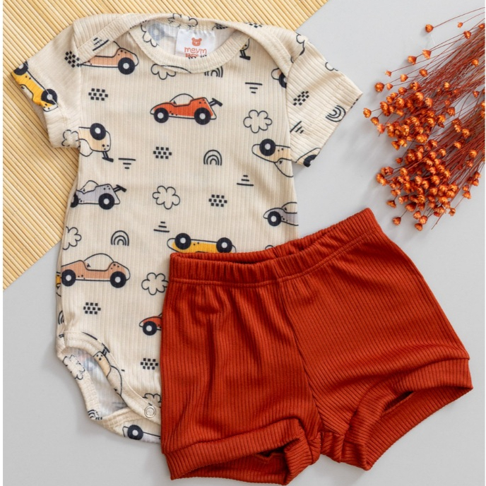Conjunto Bebê Verão Fresquinho Body Infantil Estampado Carrinho e Short Telha Menino