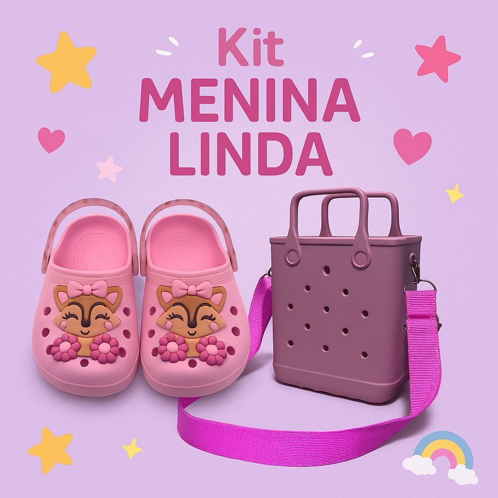 KIT Bolsa e Babuche Menina Kids Feminino Confortável Fofo Antiderrapante Rosa