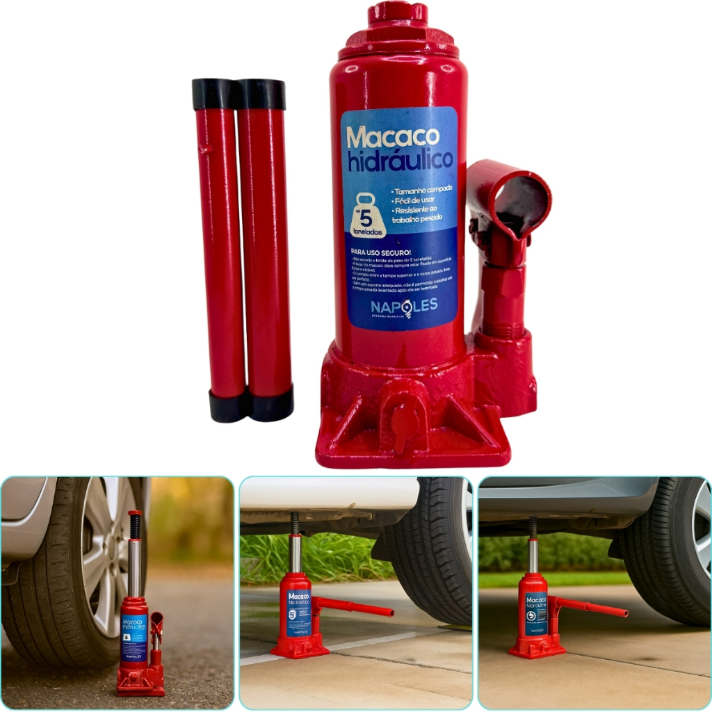 Macaco Hidráulico Nápoles 5 Toneladas, Compacto, Potente Troque Pneus com Facilidade e Rapidez Sem Suar
