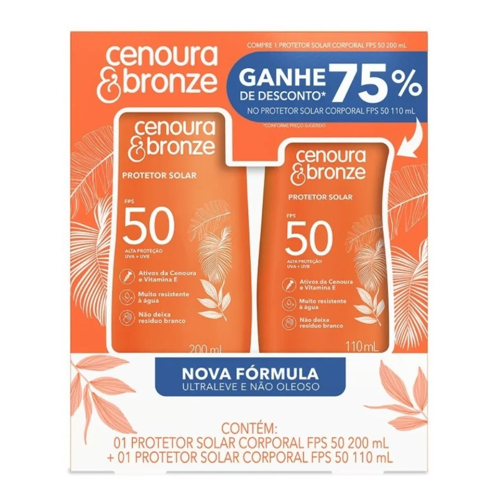 Kit Cenoura e Bronze Protetor Solar Corporal Fps50 200ml + Protetor Solar Fps50 110ml — R$ 61,90 em Shopee, 16% OFF