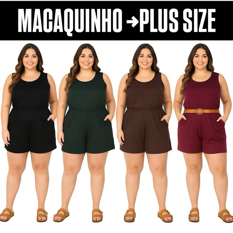 PLUS SIZE Macacão malha feminino bolso elástico cintura fresco verão macaquinho viscolycra leve