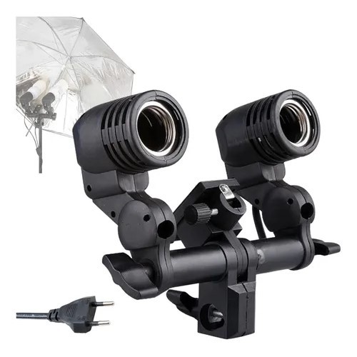 Suporte Soquete Duplo E27 Sombrinha Com Suporte P/ Flash Cor da estrutura Preto