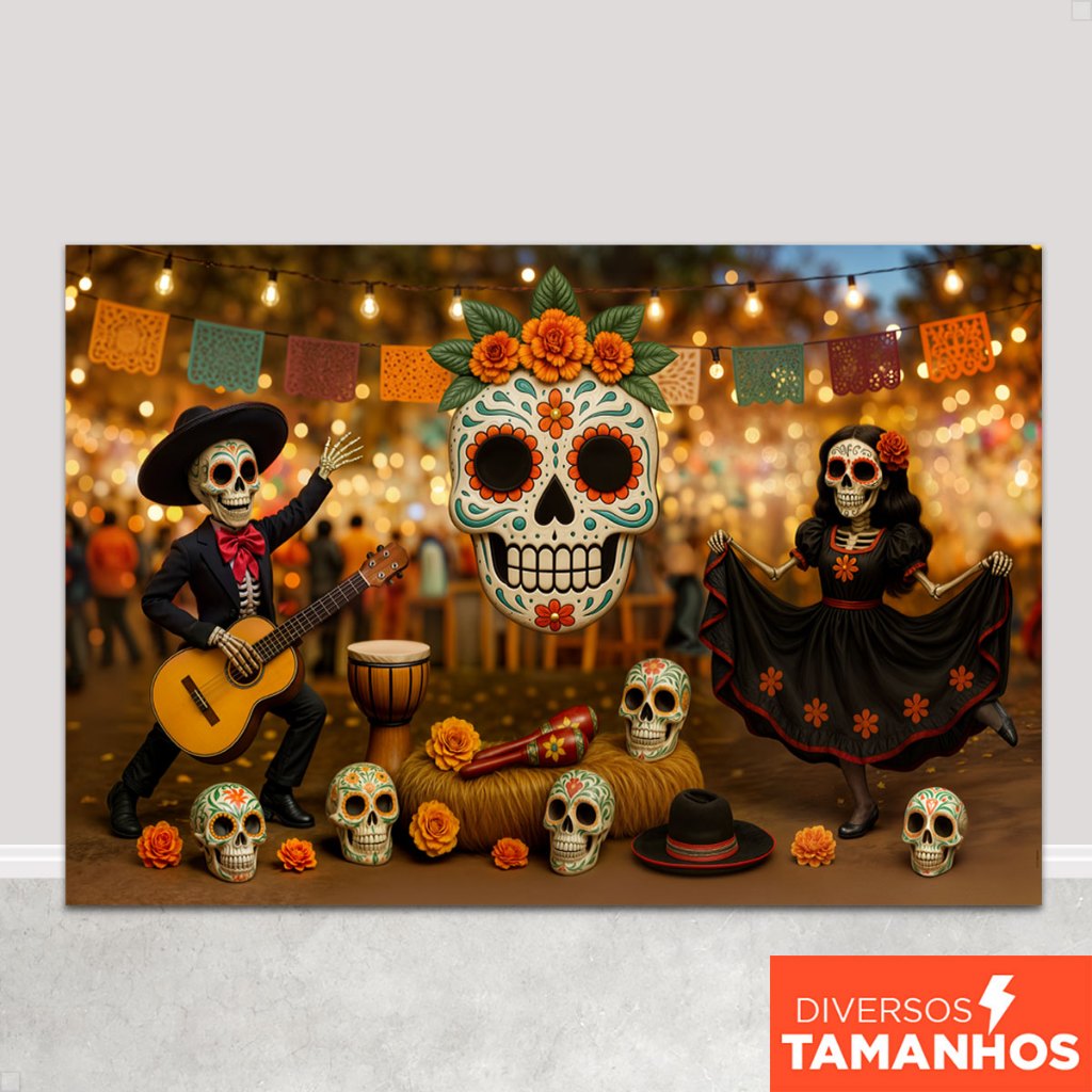 Fundo Fotográfico Halloween Cenário Caveira Mexicana Painel Sublimado Em Tecido Retangular – C-716