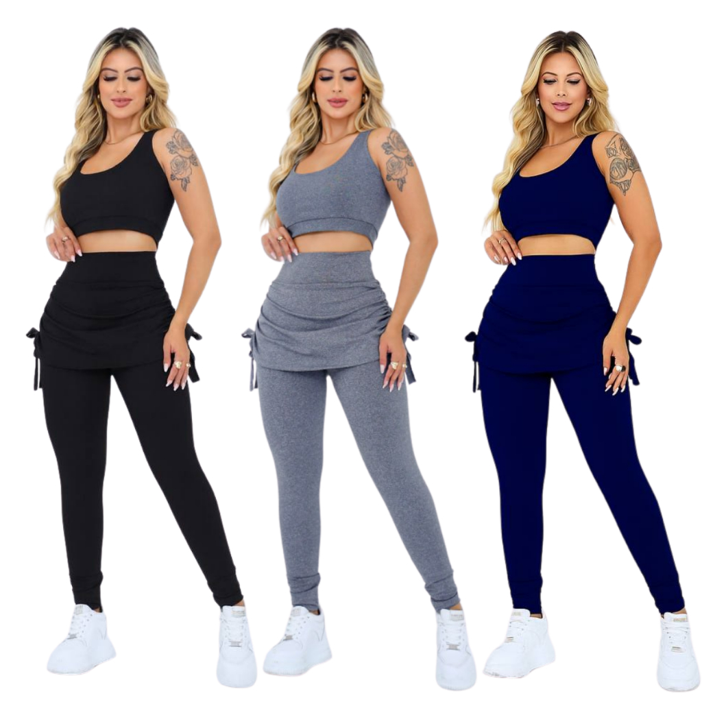 Conjunto Feminino Top + Calça Leg Saia Tapa Bumbum Suplex Academia Musculação Academia Plu...