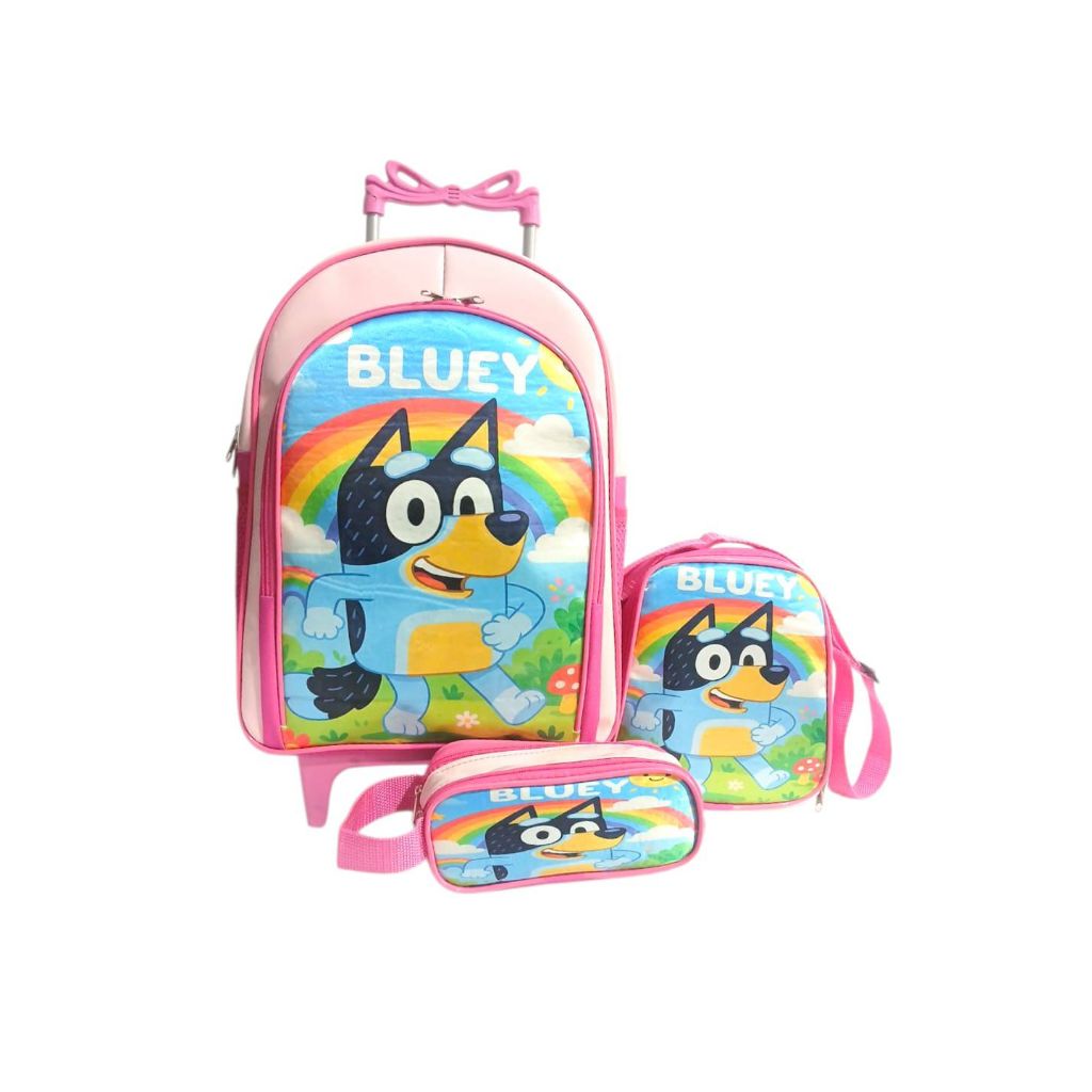Mochila Rodinhas Bluey Lancheira Estojo Kit Escolar Rosa em Oferta na Shopee