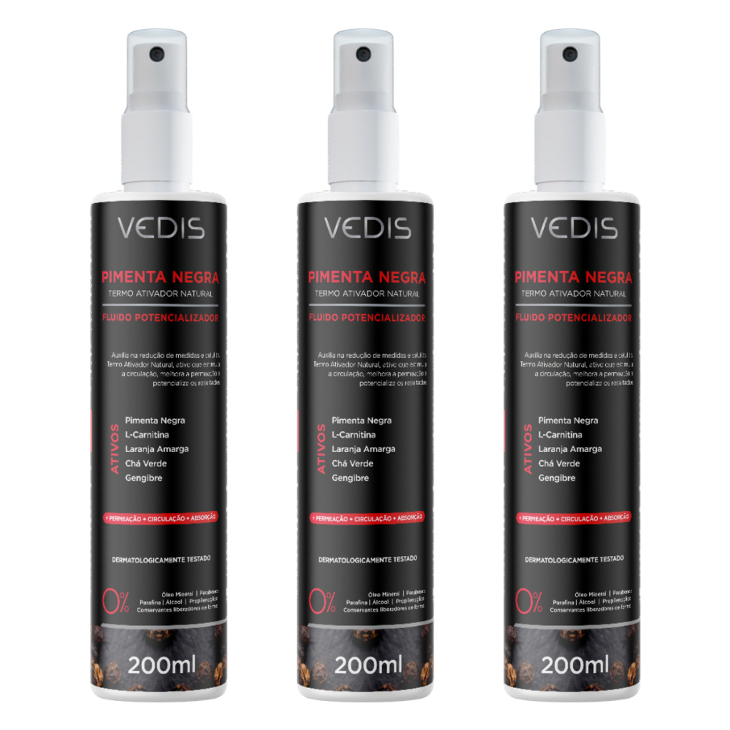 Kit 3 Fluido Potencializador Pimenta Negra Redução De Medidas e Celulite Vedis Efeito Termo Ativo