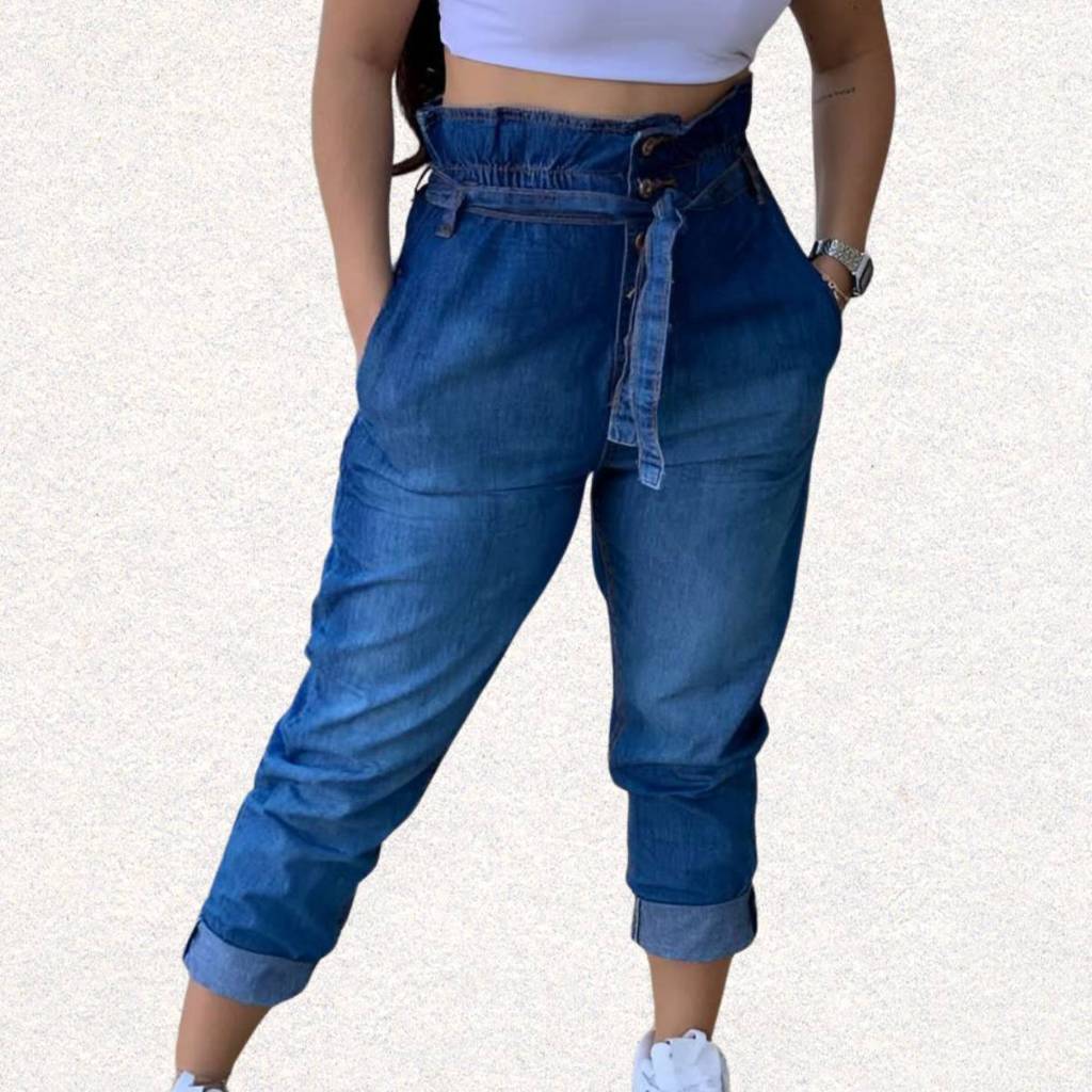Calça Jeans Feminina Tecido Leve Com Elástico E Cinto No Cós