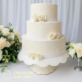 Bolo fake branco pra casamento com renda (Flores Brancas) envio Imediato em Oferta na Shopee