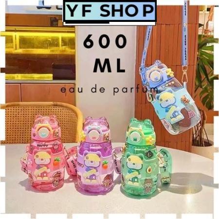 Garrafa De Água Urso fofa Plástico Kawaii com palha Infantil Criança Portátil Com Desenho Multicolorido 600ML