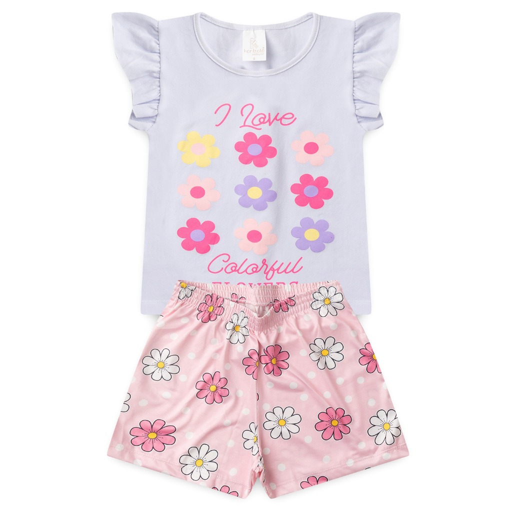 Conjunto Infantil Menina Verão Blusa Cotton manga franzida com flores + Shorts saia Suplex Sublimado - 4 ao 8 anos