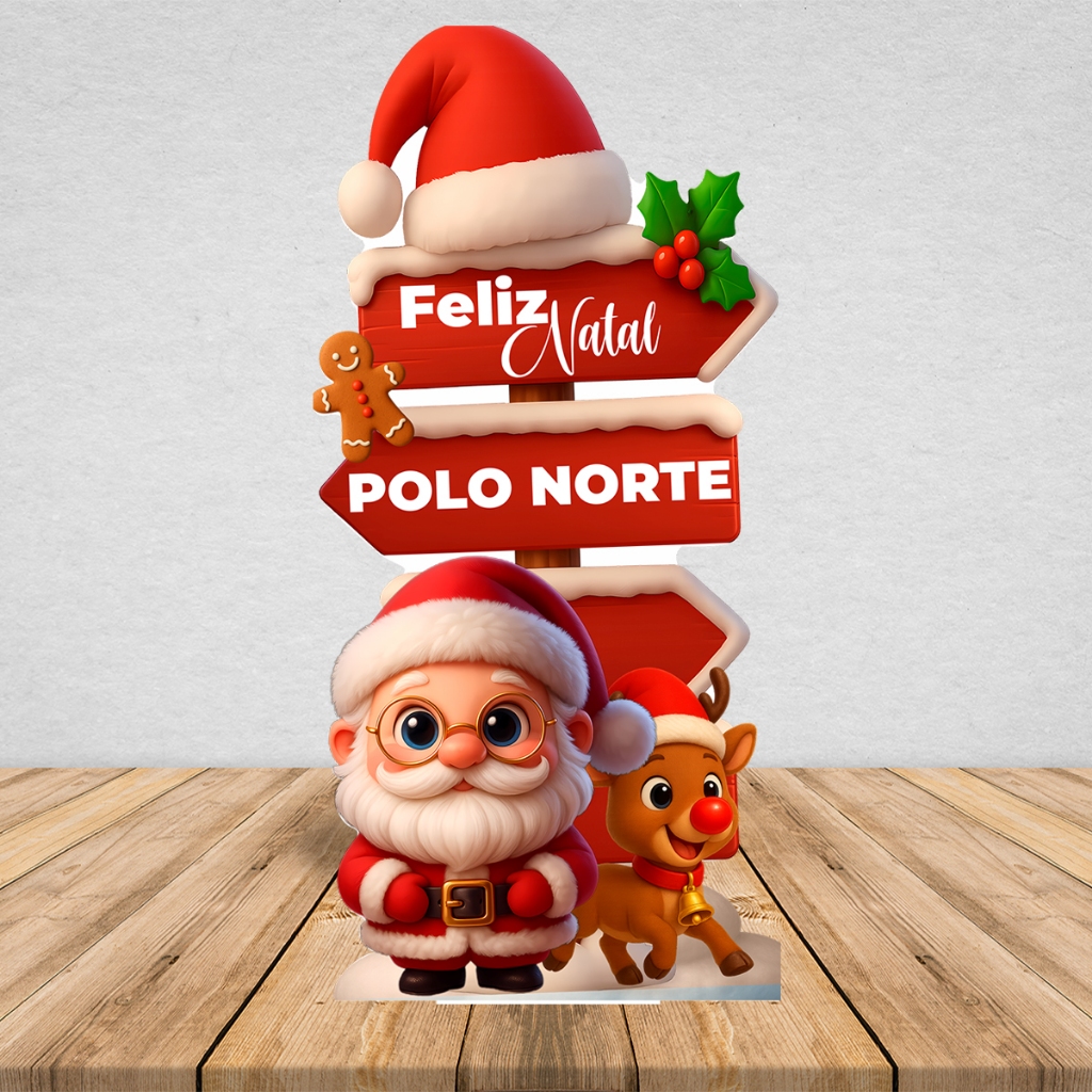Totem Placa Display MDF Adesivado Pézinho Natal Papai Noel Decoração Setas Placa 65cm