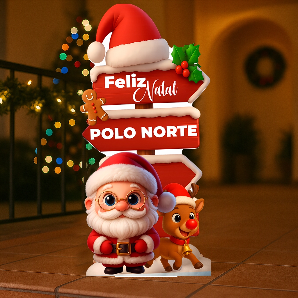 Totem Placa Display MDF Adesivado Pézinho Natal Papai Noel Decoração Setas Placa 65cm